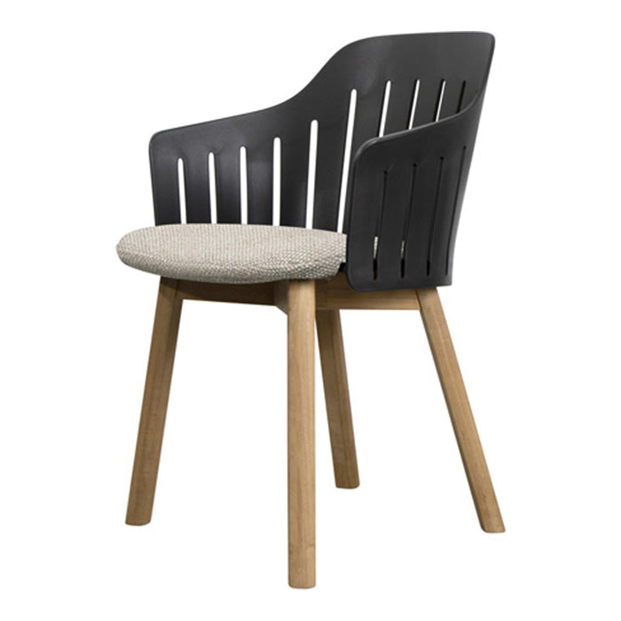 Stylish black and gray chair with wood legs and a textured beige seat cushion. Modern design with clean lines.