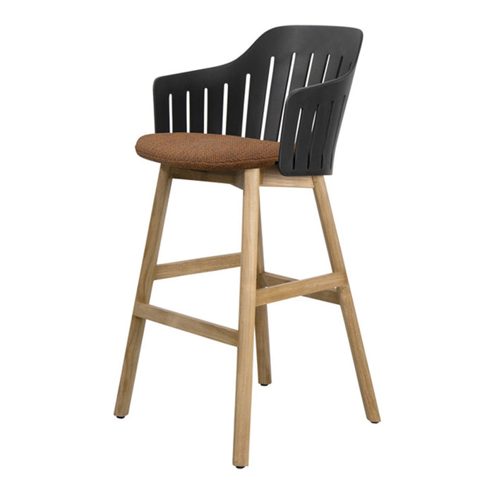 Black high chair with a brown patterned seat and light wood legs, featuring sleek lines and a modern design.