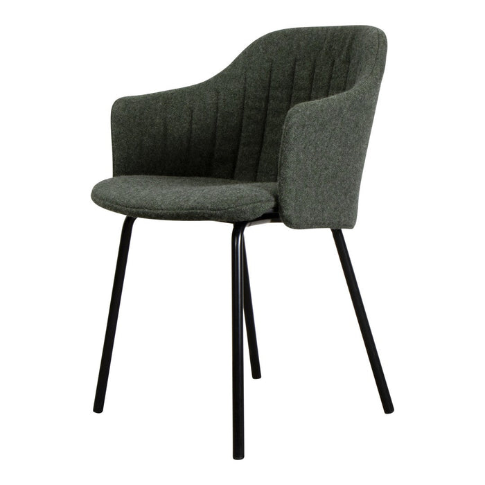 Gray upholstered chair with vertical stitching and black metal legs. Modern and stylish design for any room.