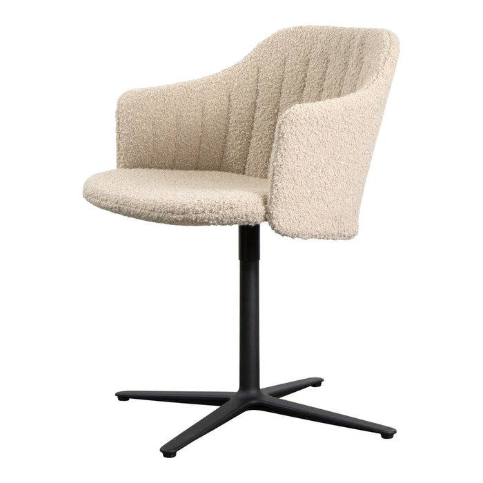 Cream textured upholstery with vertical ridges and a sleek black base. Modern design for stylish home decor.
