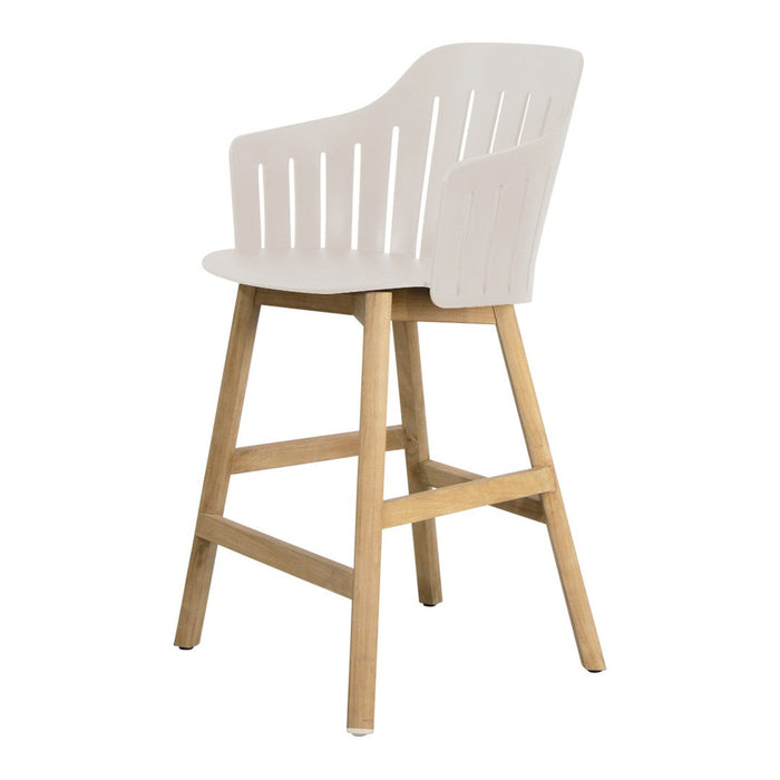 White slatted high chair with a natural wood base, featuring a clean, modern design ideal for any space.