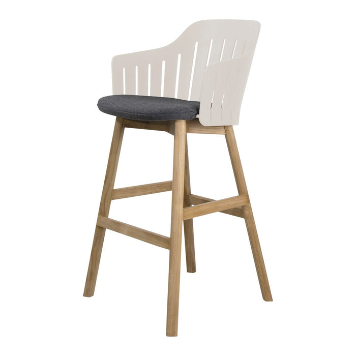 White wooden bar chair with a gray upholstered seat and light wooden legs, featuring a slatted back design.