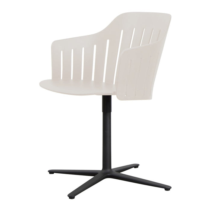 White ergonomic chair with a slatted backrest and a black base, showcasing a modern, minimalistic design.
