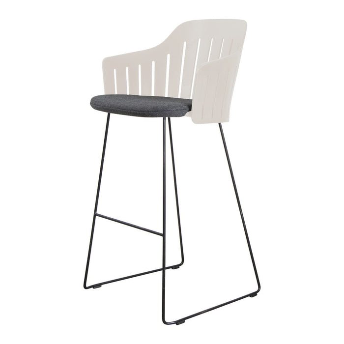 White slatted back bar stool with a grey padded seat and sleek black metal legs, perfect for modern interiors.
