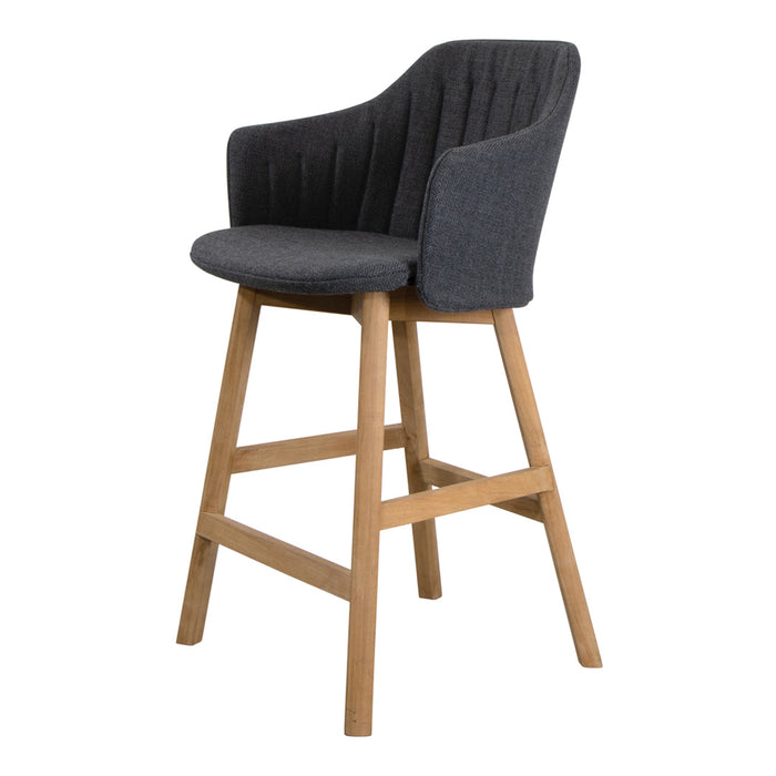 Stylish gray upholstered bar stool with vertical ribbed pattern and natural wood legs, perfect for modern decor.