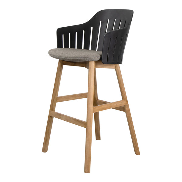 Black wooden chair with a slatted back, gray cushion, and natural wood legs. Modern, minimalist design.