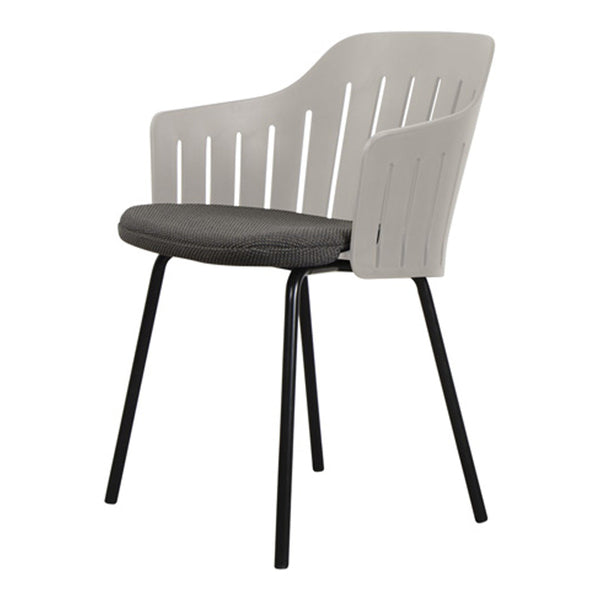 Gray and white striped chair with a black metal frame and cushioned seat, ideal for modern indoor or outdoor settings.