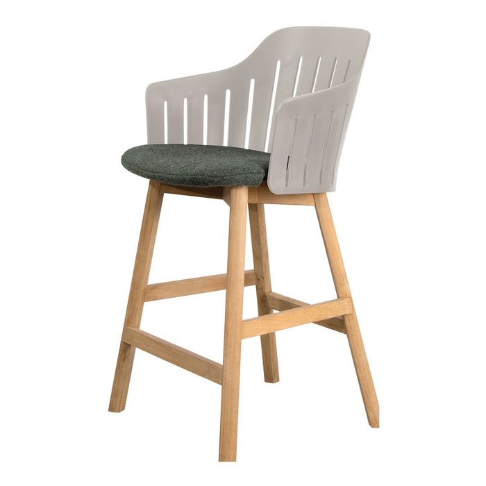 Modern bar stool with a white slatted back, gray cushion, and natural wood legs. Clean, contemporary design.
