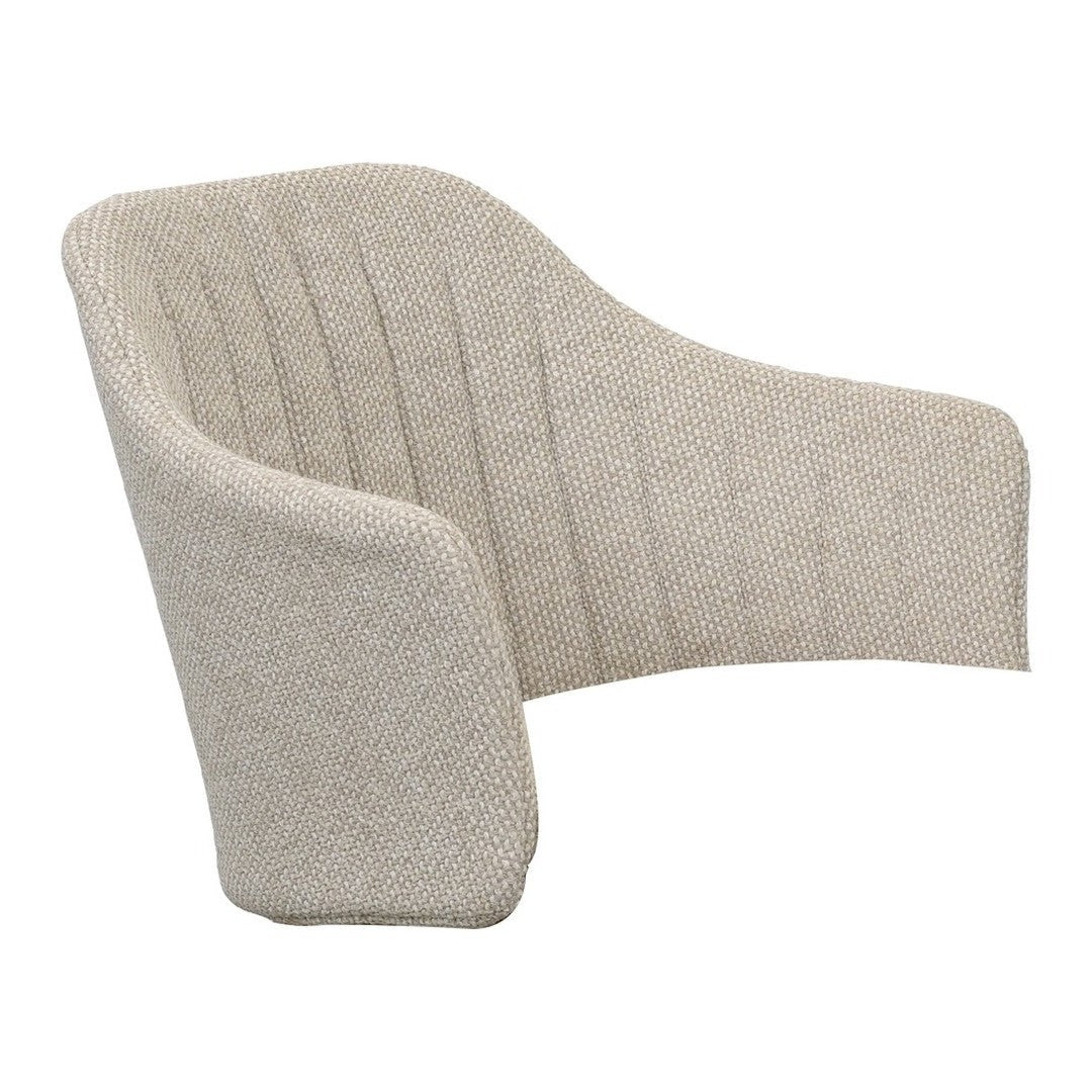 Light beige armchair with subtle textured pattern and curved design, ideal for modern decor.