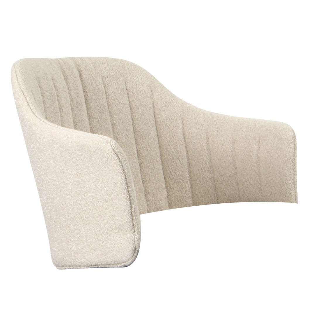 Beige chair with a plush texture and vertical ribbed pattern, offering a modern, minimalist design.