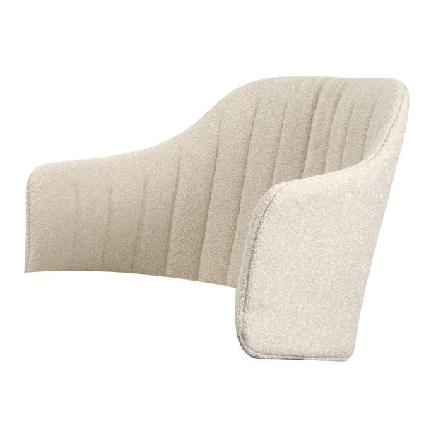 Beige upholstered armchair with vertical stitching pattern and soft, textured fabric. Perfect for modern decor.