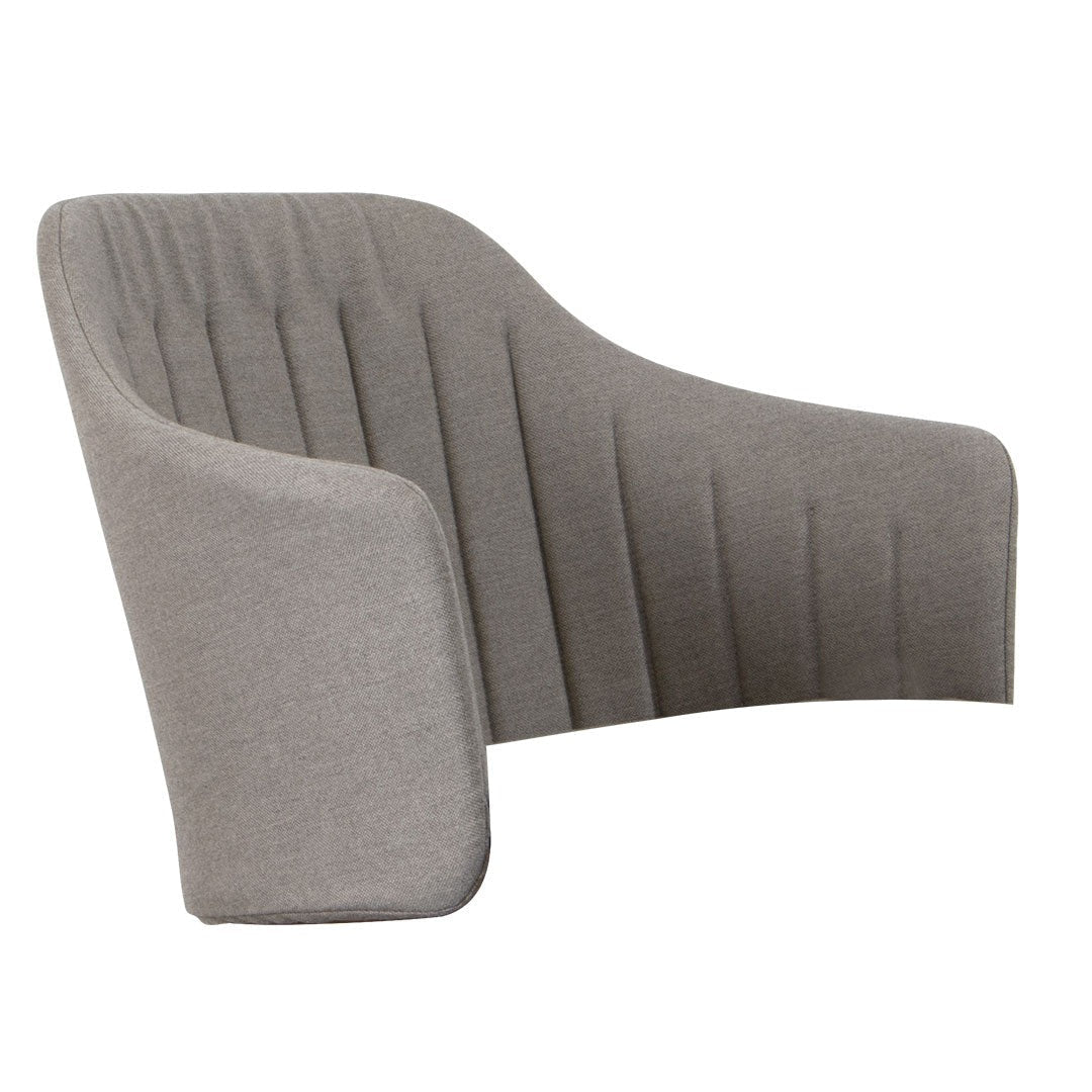 Gray upholstered armchair with vertical channel tufting design, adding modern texture and style to any space.