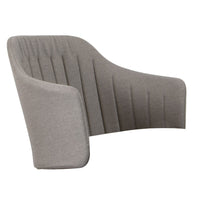Gray upholstered armchair with vertical channel tufting design, adding modern texture and style to any space.