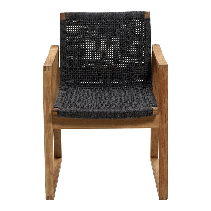Black woven seat with natural wood frame, showcasing minimalist design and sleek patterns. Perfect for modern decor.