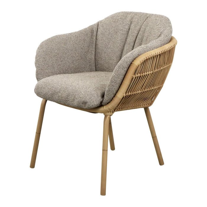 Light gray upholstered chair with a natural rattan frame and soft, rounded design. Perfect for cozy seating.
