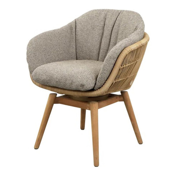 Gray upholstered chair with a textured fabric and natural wood legs, featuring a woven pattern on the sides.