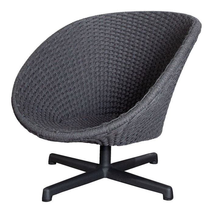 Stylish gray woven chair with a modern circular pattern and a sleek black base. Perfect for contemporary decor.