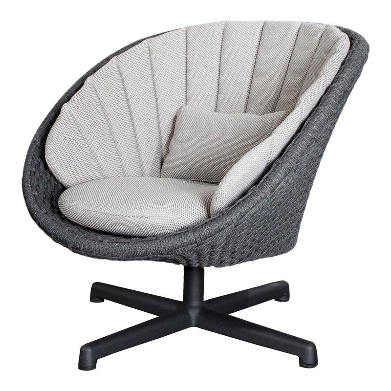 Gray woven chair with soft cream cushions and elegant vertical stitching, perfect for modern decor.