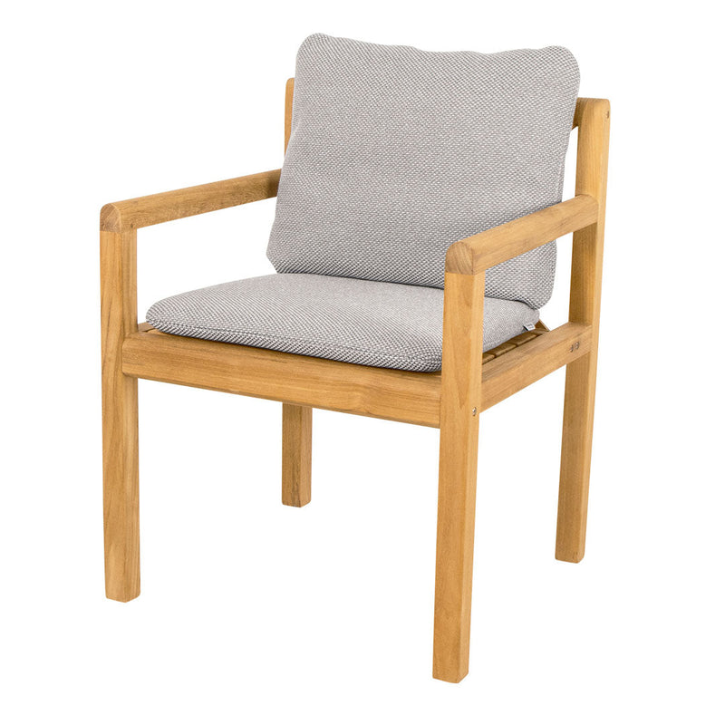 Natural wood armchair with a grey cushioned seat and backrest, featuring a modern, minimalist design.