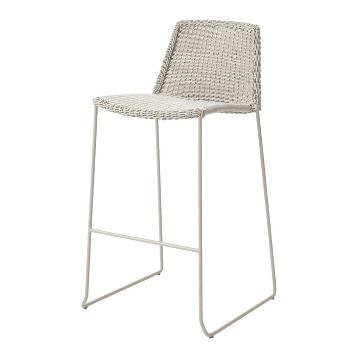 Light gray woven bar stool with a sleek, minimalist design and metal legs, perfect for modern decor.