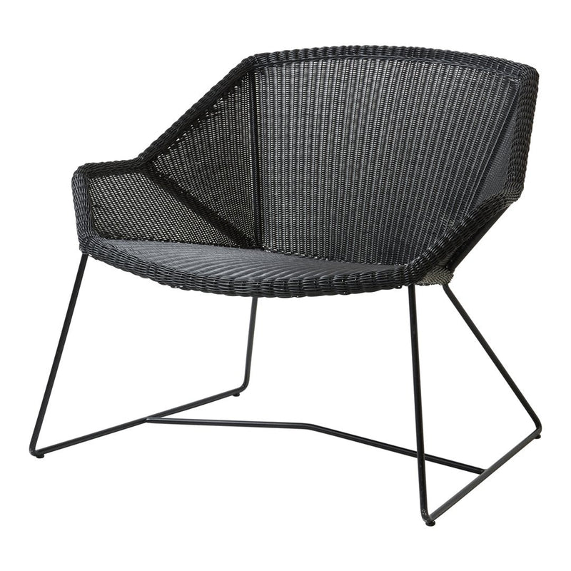 Black woven chair with a modern geometric pattern and sleek metal frame. Ideal for contemporary decor.