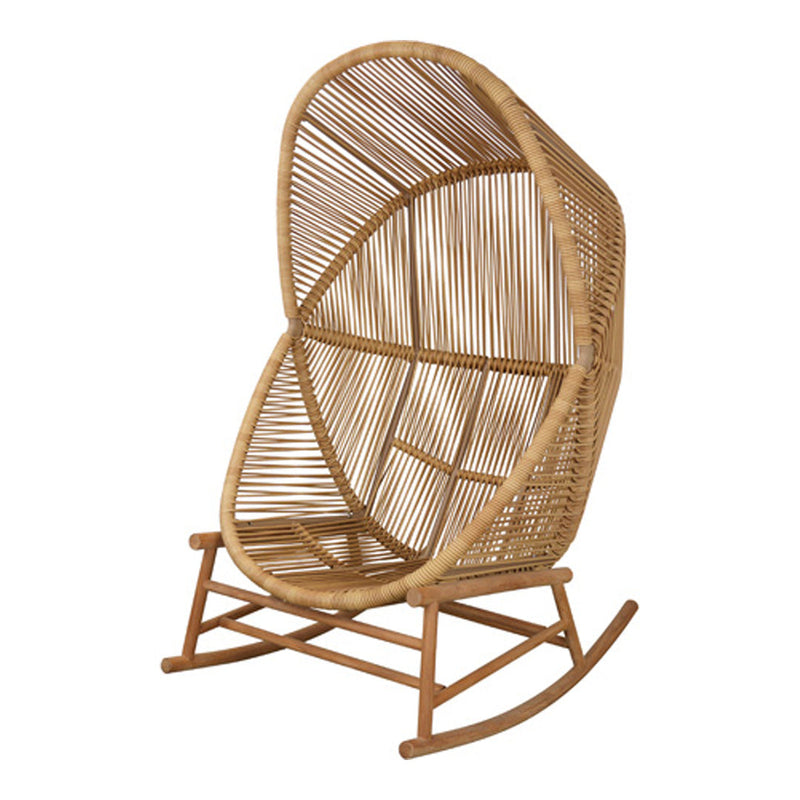 Natural bamboo rocking chair with elegant curved lines and open woven pattern. Perfect for a cozy, modern decor.