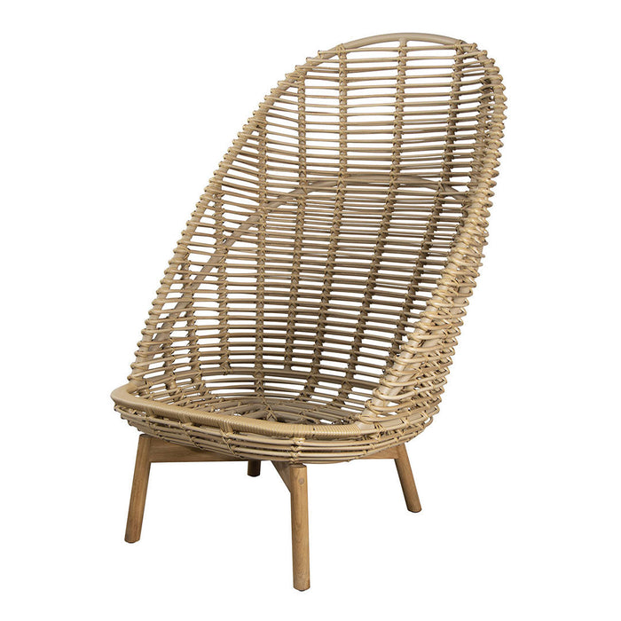 Natural woven rattan chair with a light brown finish and an airy, open pattern for bohemian decor.