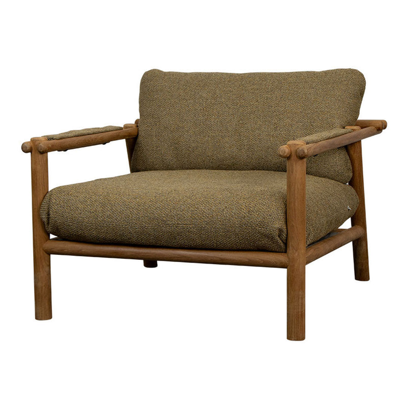 Olive green textured fabric upholstery with natural wooden frame, creating a rustic, cozy aesthetic.