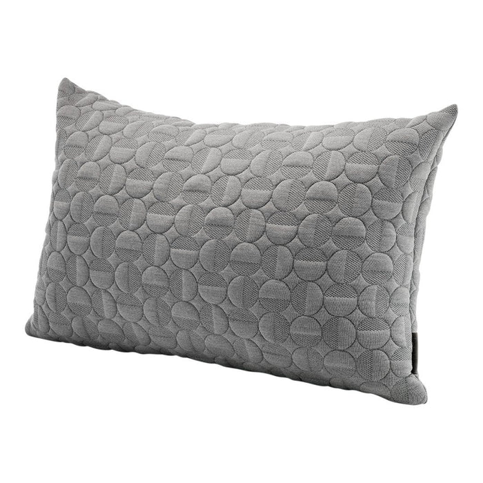 Gray decorative pillow featuring a textured pattern of overlapping circles. Ideal for modern or minimalist decor.