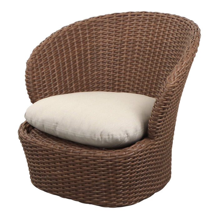 Brown woven chair with a cream cushion, showcasing a textured pattern and natural earthy tones.