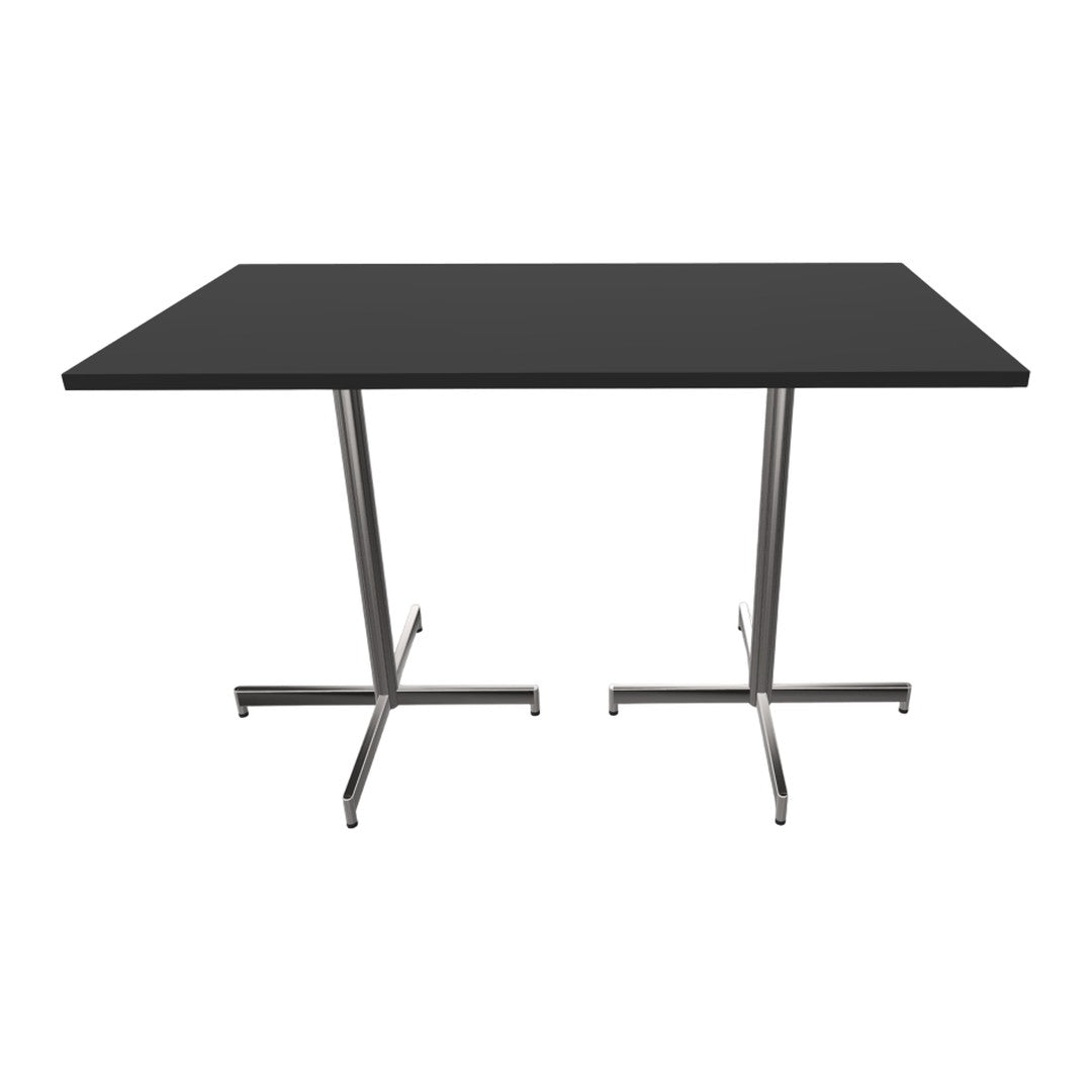 Black tabletop with sleek stainless steel legs, showcasing a minimalist and modern design. Perfect for contemporary spaces.