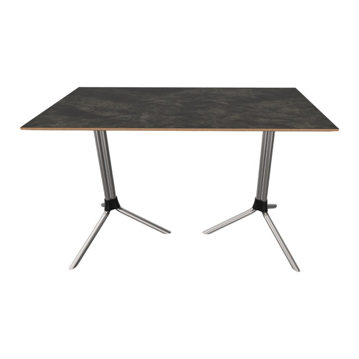 Modern gray tabletop with a subtle marble pattern, supported by sleek silver metal legs. Ideal for contemporary decor.
