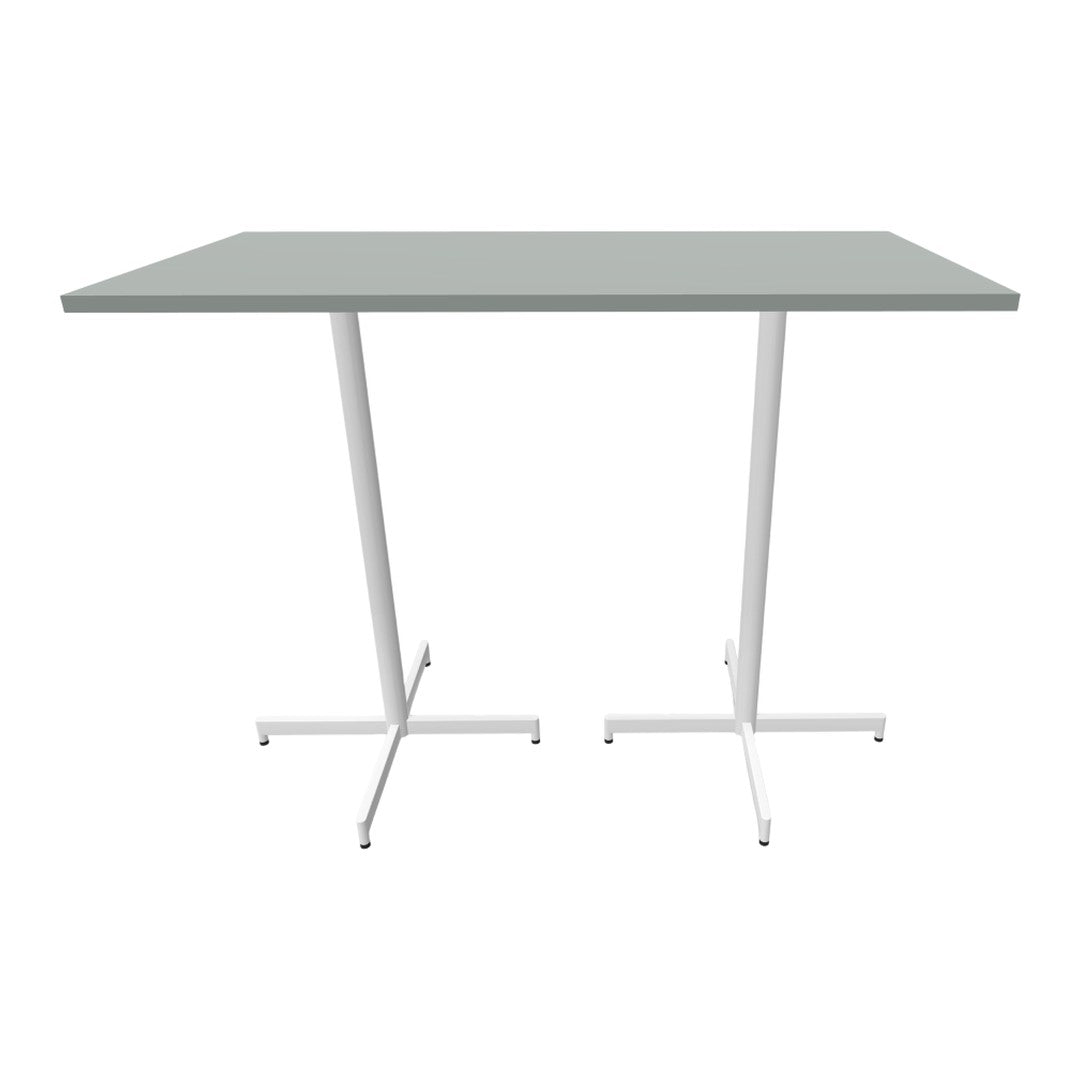 Gray tabletop with a smooth finish and white, modern cross-base legs, perfect for a minimalist decor.