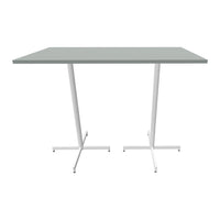 Gray tabletop with a smooth finish and white, modern cross-base legs, perfect for a minimalist decor.