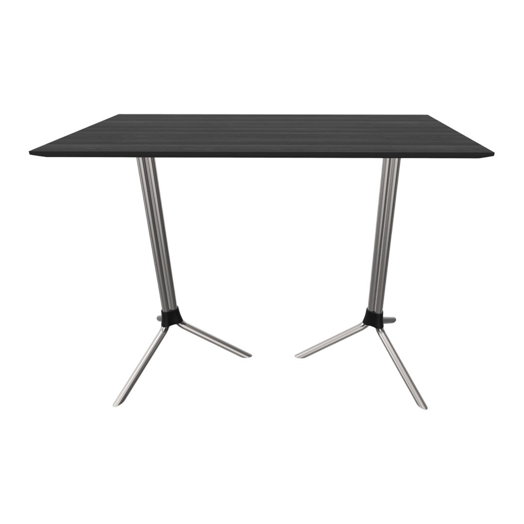 Sleek black tabletop with a subtle wood grain pattern and stylish stainless steel legs for a modern look.