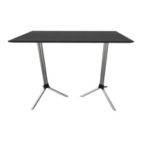 Sleek black tabletop with a subtle wood grain pattern and stylish stainless steel legs for a modern look.