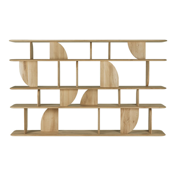 Light wood shelving unit featuring a modern geometric pattern with circular cutouts and open spaces.