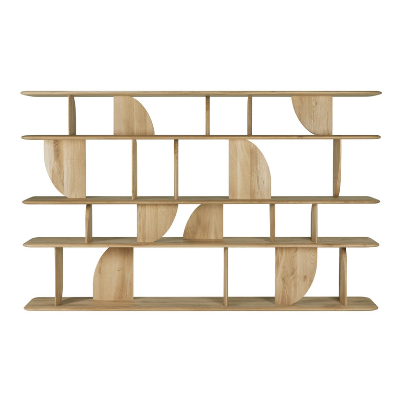Light wood shelving unit featuring a modern geometric pattern with circular cutouts and open spaces.