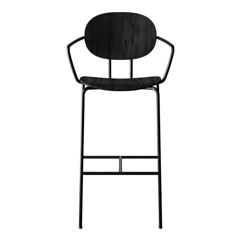 Black metal bar stool with a sleek, minimalist design and curved backrest. Perfect for modern spaces.