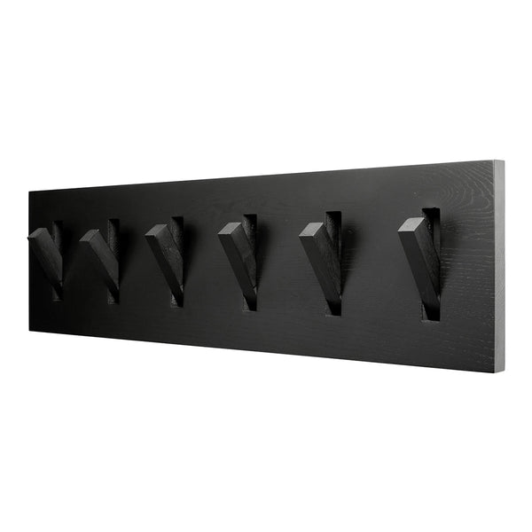 Sleek black wall hook rack featuring five modern triangular hooks on a minimalist panel. Perfect for stylish organization.