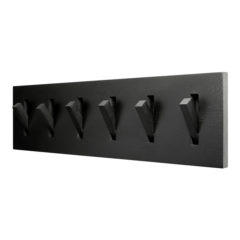 Sleek black wall hook rack featuring five modern triangular hooks on a minimalist panel. Perfect for stylish organization.