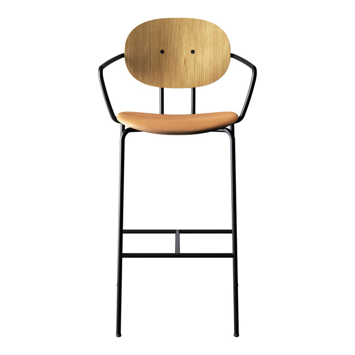 Modern black metal barstool with a natural wood seat and backrest, featuring a minimalist design and sleek lines.