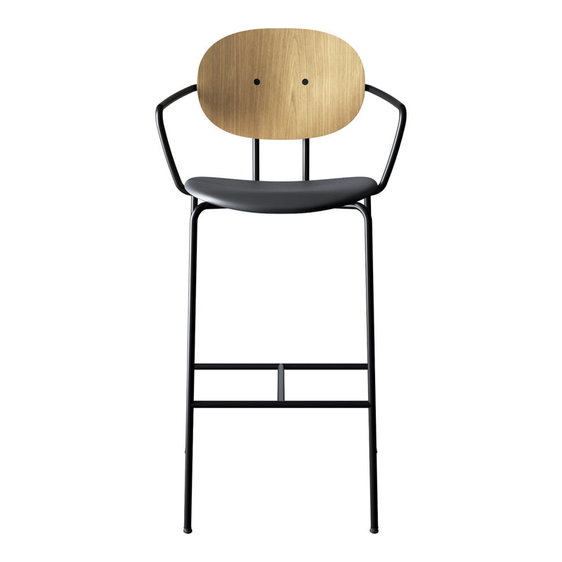 Modern black metal bar stool with a natural wood backrest, featuring clean lines and minimalistic design.