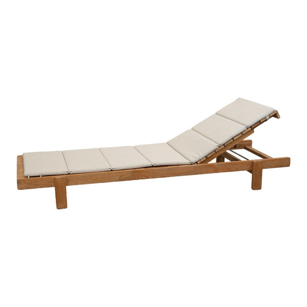 "Neutral beige cushions on a natural wood chaise lounge with a sleek, modern design."