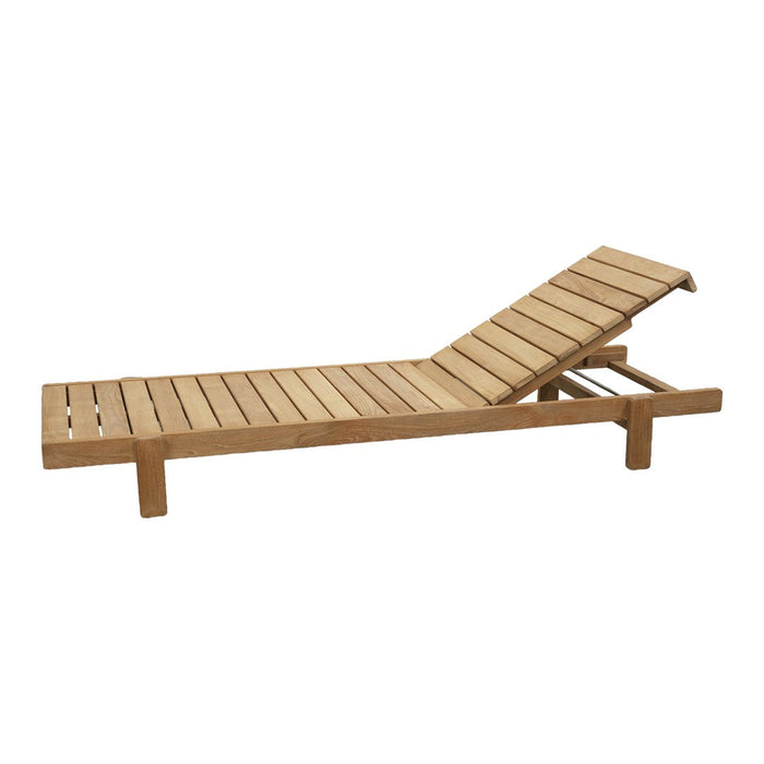 Natural wood color chaise lounge with slatted design and adjustable backrest, perfect for outdoor relaxation.