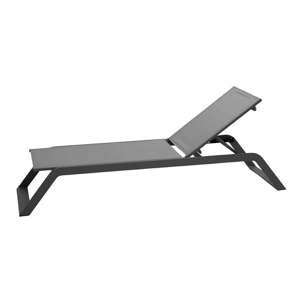 Gray modern lounger with sleek lines and minimalistic design, perfect for outdoor relaxation.