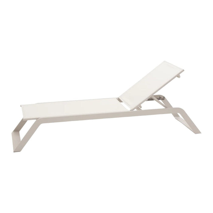 Minimalist white lounge chair with sleek lines, featuring a flat seat and adjustable backrest. Perfect for outdoor spaces.