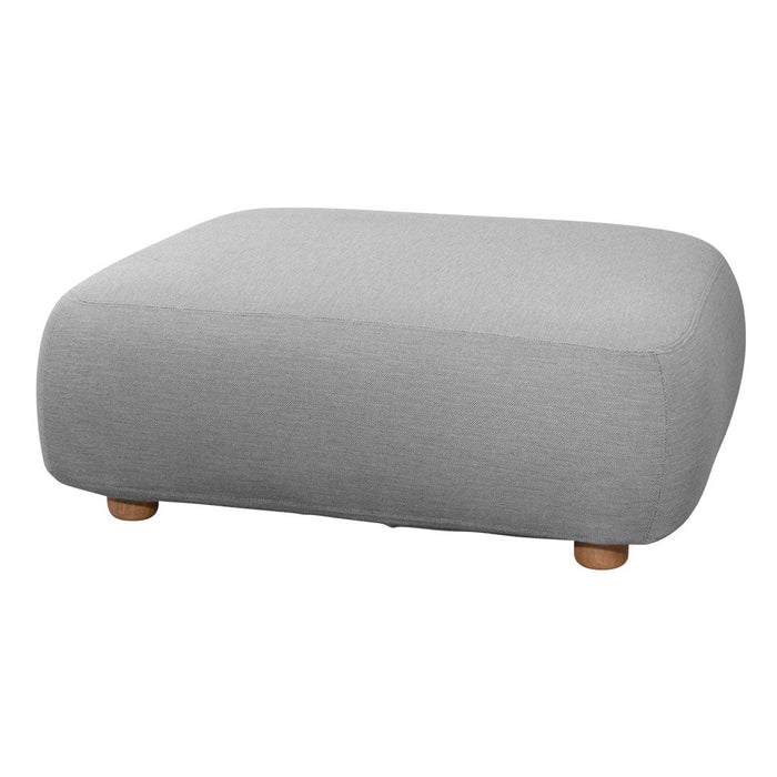 Gray upholstered ottoman with smooth texture and natural wood legs, perfect for modern decor.
