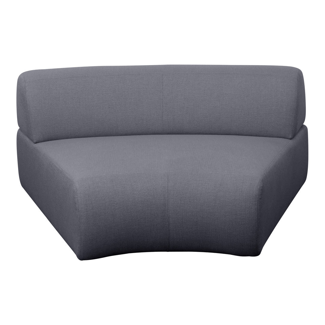 Curved modern sofa in a solid charcoal gray fabric, featuring a sleek and minimalist design.