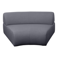 Curved modern sofa in a solid charcoal gray fabric, featuring a sleek and minimalist design.